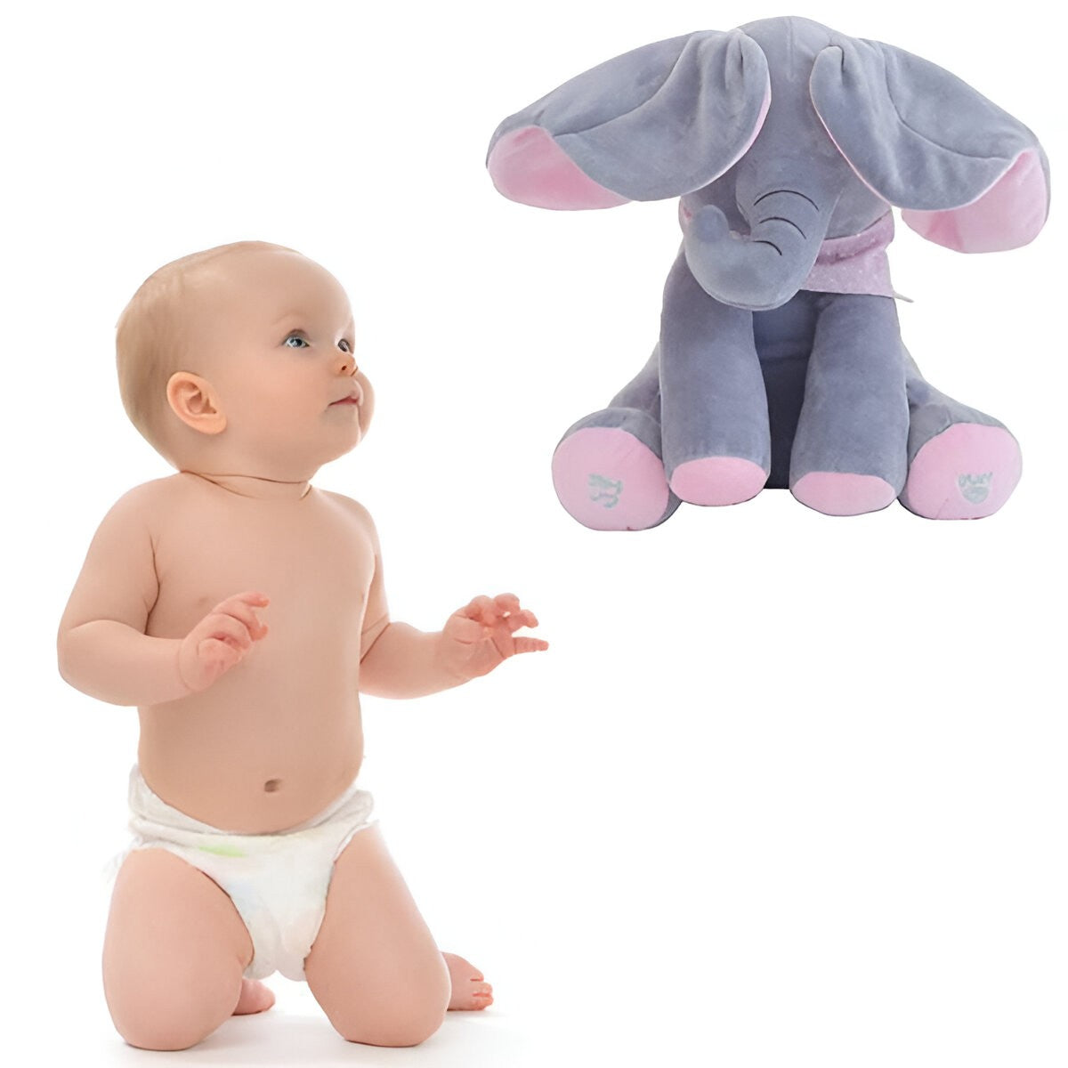 Jucarie Interactiva Pentru Copii, Elefantel Peek-A-Boo, Muzica, Misca Urechile, Alimentare Cu Baterii, 30 Cm, Roz-Gri - vivimall.ro
