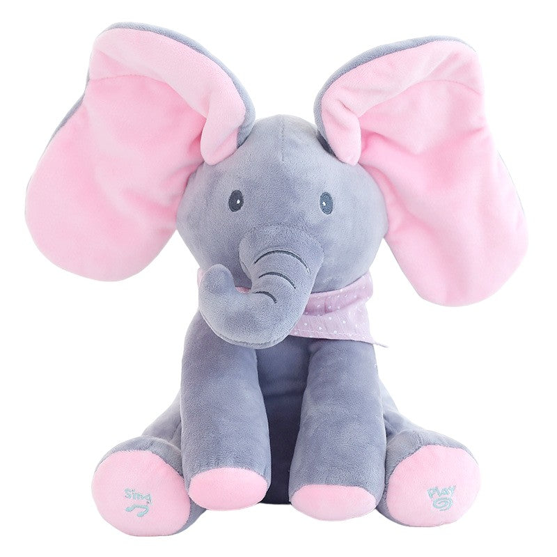 Jucarie Interactiva Pentru Copii, Elefantel Peek-A-Boo, Muzica, Misca Urechile, Alimentare Cu Baterii, 30 Cm, Roz-Gri - vivimall.ro
