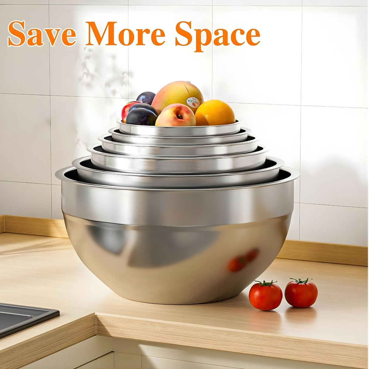 Set 6 Boluri pentru Mixare si Depozitare, Flippy, Inox Premium , Capace Ermetice, 3 Accesorii Razuire si Feliere, Interior Gradat, Design Nestable, Argintiu - vivimall.ro