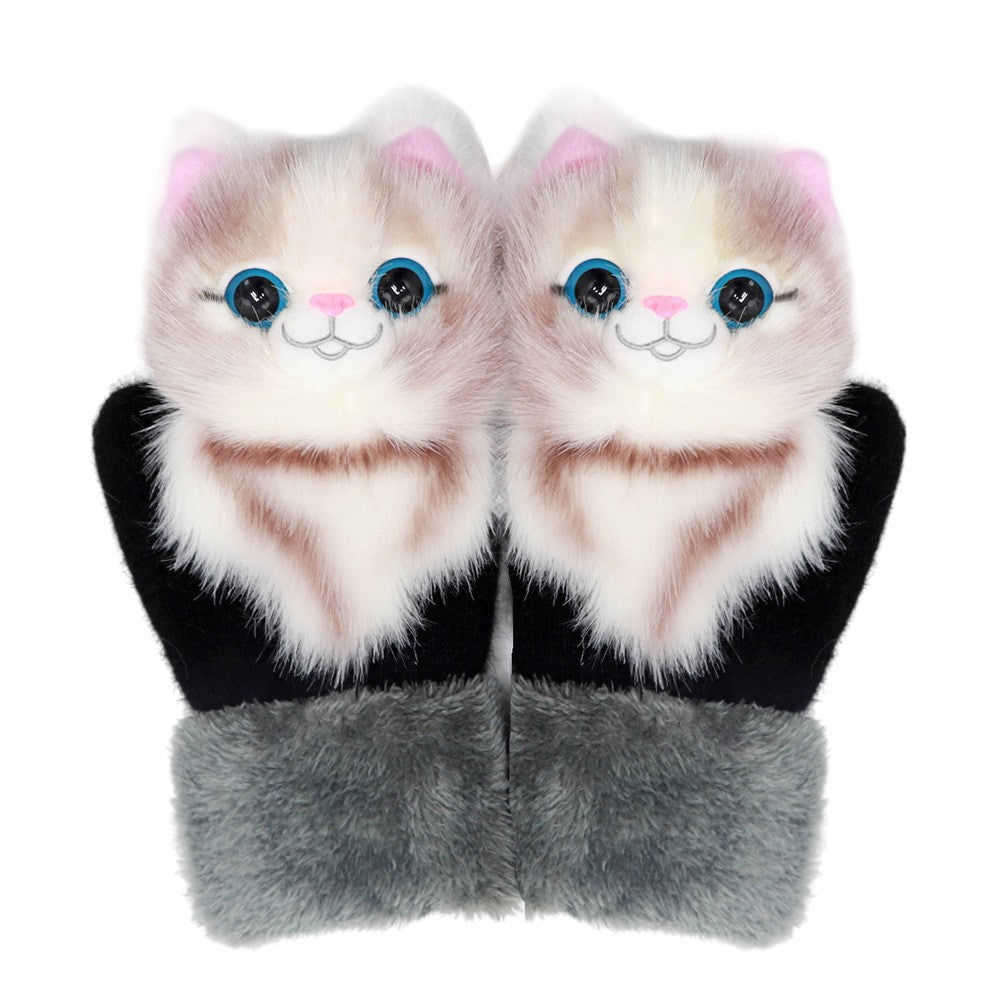 Manusi de Plus pentru Copii, Flippy, de Iarna, Groase, Moi, Calduroase, Model Animat Pisica Crem