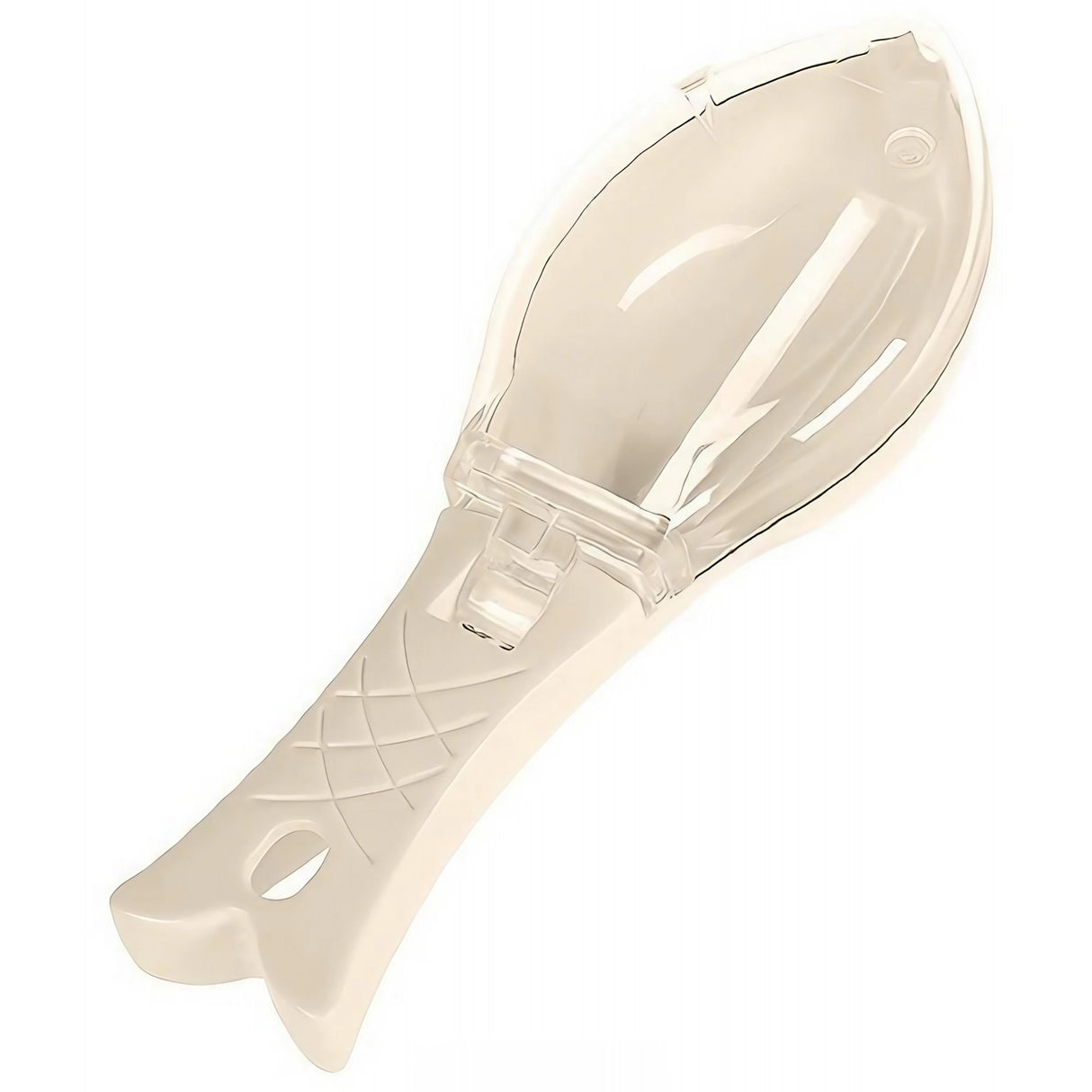 Curatator Manual Solzi de Peste, Vivimall, Forma Peste , Recipient cu Capcac pentru Solzi, Plastic, Roz pal, 16x6 cm - vivimall.ro