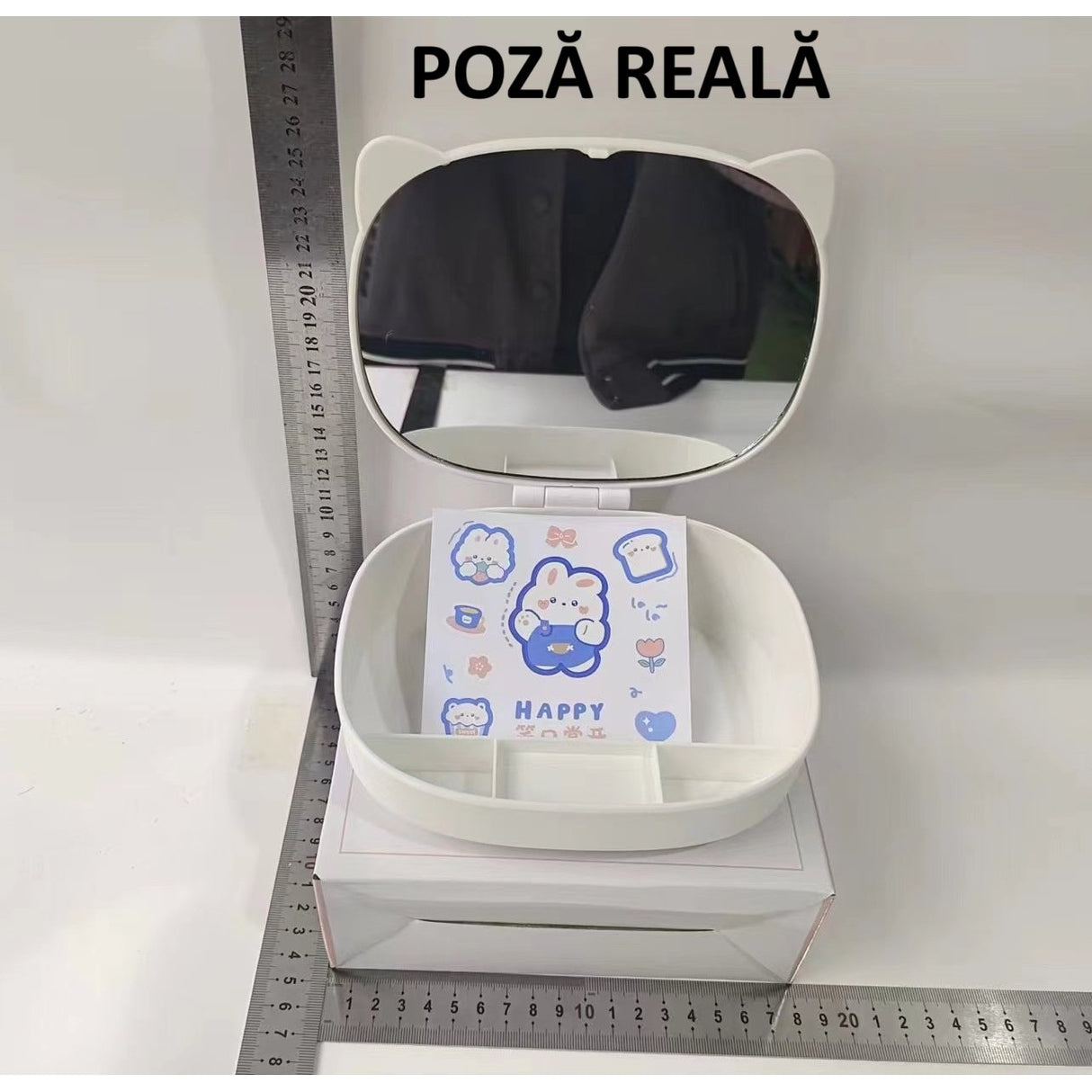 Cutie cu Oglinda, Model Pisica, Vivimall, 4 Compartimente, Cutie de Depozitare a Machiajelor si Accesoriilor, Oglinda de Machiaj, 17x13x6cm, Alb - vivimall.ro