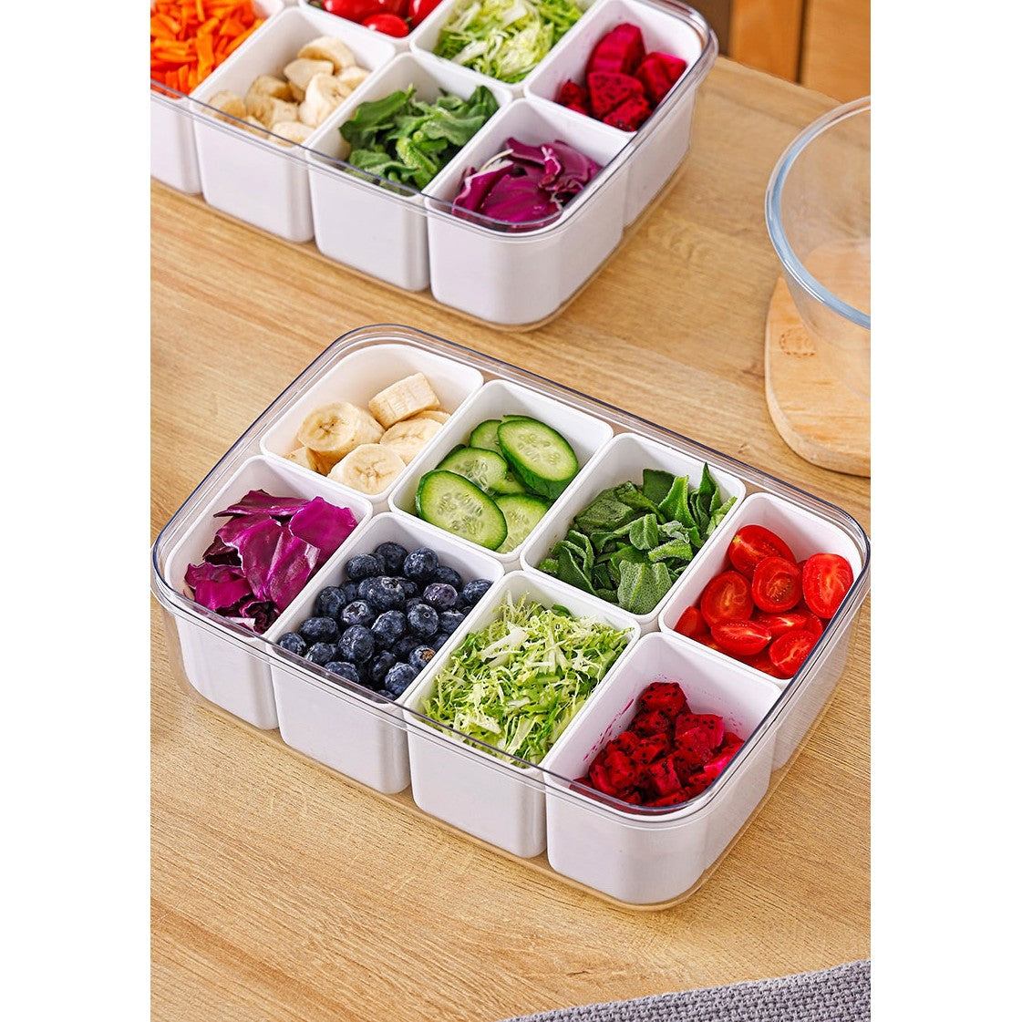 Cutie Pentru Depozitare Alimente, 8 Compartimente Cu Capac, Material Pet+Pp, 29 X 20 X 9 Cm, Alb/Transparent - vivimall.ro
