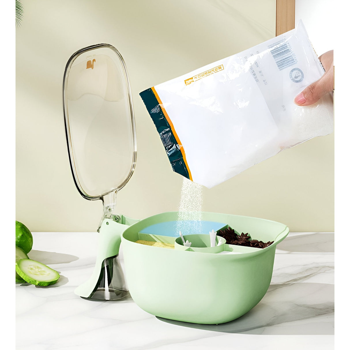 Cutie de Depozitare a Condimentelor, Vivimall, de Uz Casnic, cu Maner Stabil, cu Capac, 4 Compartimente Principale, 21 x 14 x 10 cm, Verde - vivimall.ro