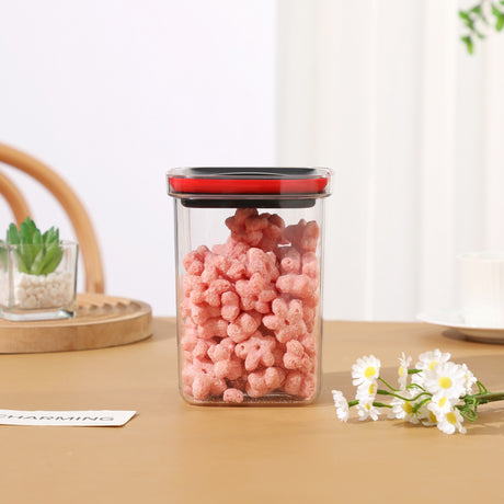 Cutie De Depozitare Alimente, Cutie De Tip Container, Recipient Pentru Cereale In Bucatarie, 11.5 X 11.5 X 15 Cm, Volum 1200 Ml, Transparenta Cu Capac Negru - vivimall.ro