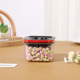 Cutie de Depozitare Alimente, Vivimall, Cutie de tip Container, Recipient pentru Cereale in Bucatarie, S 11.5 x 11.5 x 8 cm, volum 600 ml, Transparenta cu Capac Negru - vivimall.ro