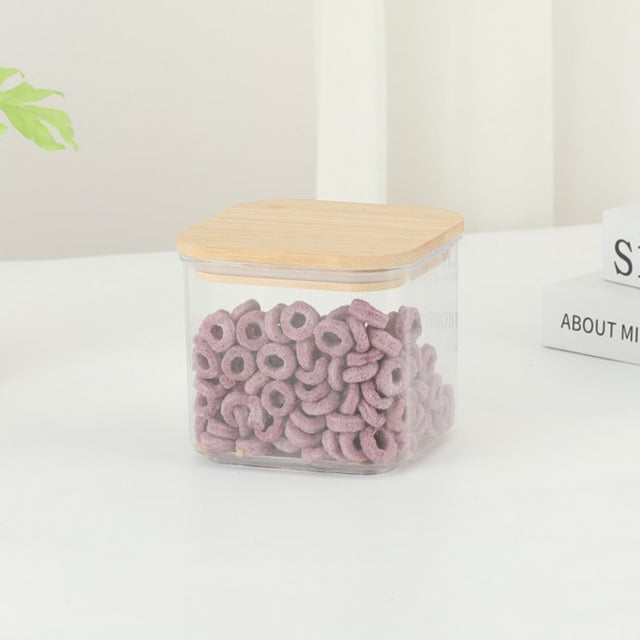 Cutie De Depozitare Alimente, Cutie De Tip Container, Cutie Pentru Cereale, Din Plastic, Capac Din Bambuc, 10 X 10 X 8 Cm, Volum 0.5 L, Transparenta - vivimall.ro