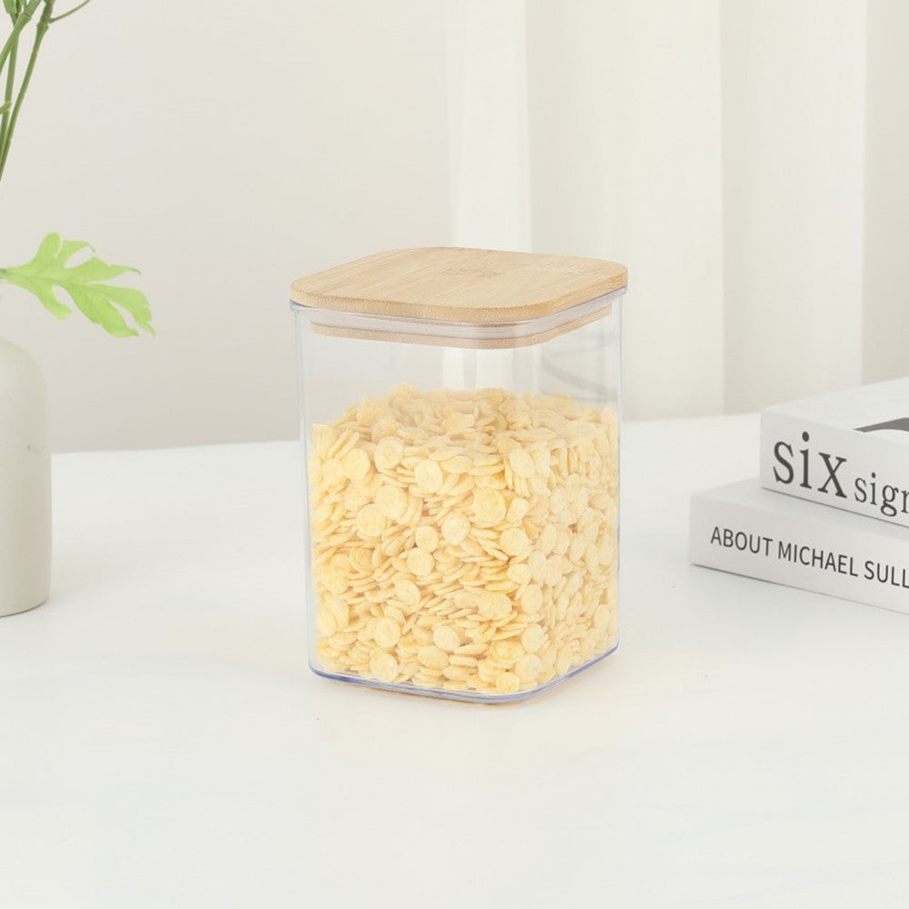 Cutie De Depozitare Alimente, Cutie De Tip Container, Cutie Pentru Cereale, Din Plastic, Capac Din Bambuc, 10 X 10 X 14 Cm, Volum 0.8 L, Transparent - vivimall.ro