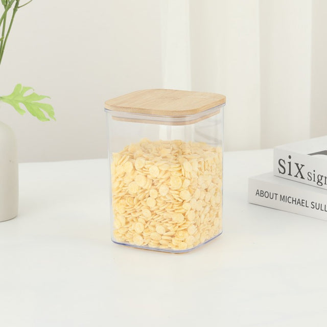 Cutie De Depozitare Alimente, Cutie De Tip Container, Cutie Pentru Cereale, Din Plastic, Capac Din Bambuc, 10 X 10 X 14 Cm, Volum 0.8 L, Transparent - vivimall.ro