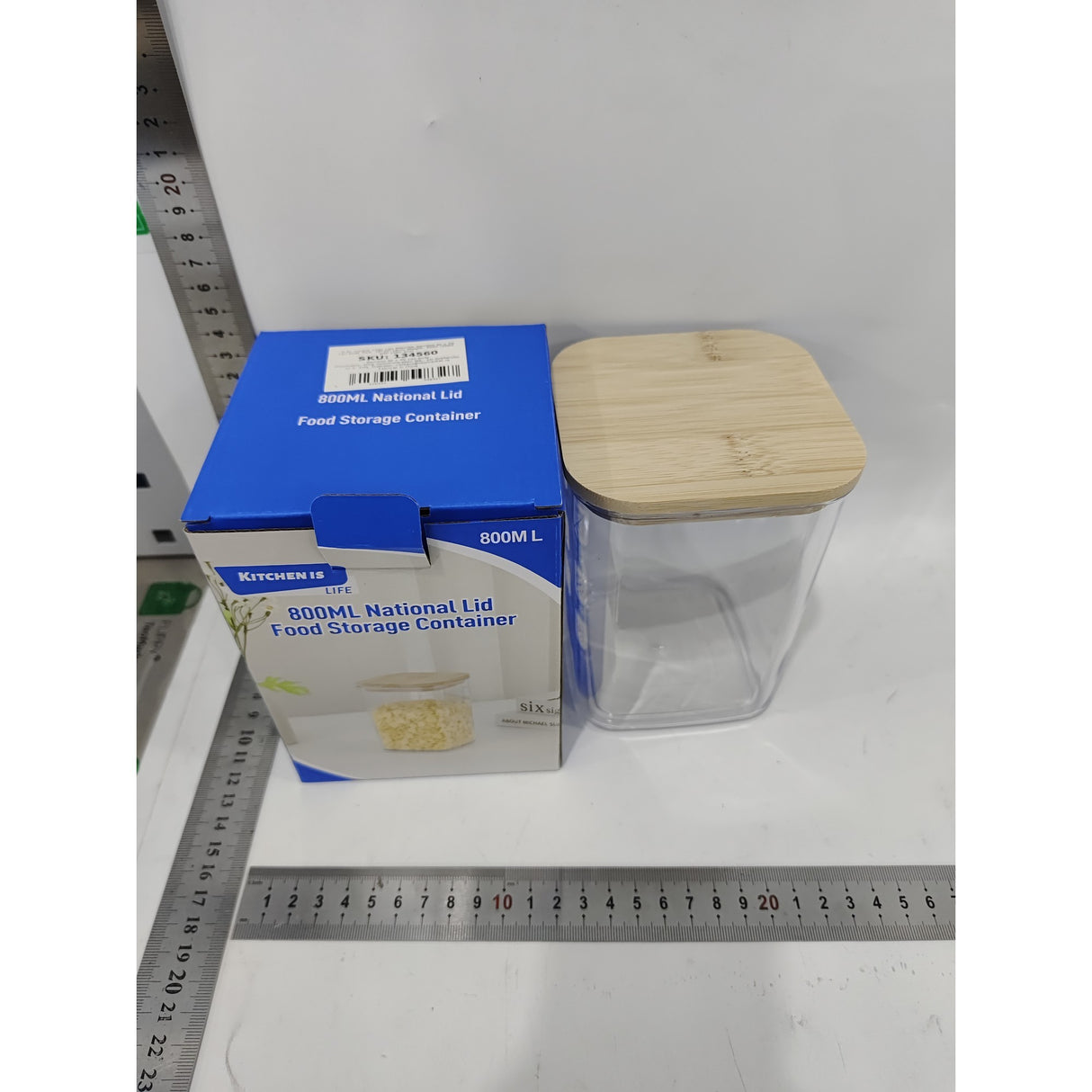 Cutie de Depozitare Alimente, Vivimall, Cutie de tip Container, Cutie pentru Cereale, din Plastic, Capac din Bambuc, 10 x 10 x 14 cm, Volum 0.8 L, Transparent - vivimall.ro