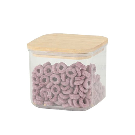 Cutie de Depozitare Alimente, Vivimall, Cutie de tip Container, Cutie pentru Cereale, din Plastic, Capac din Bambuc, 10 x 10 x 8 cm, Volum 0.5 L, Transparenta - vivimall.ro