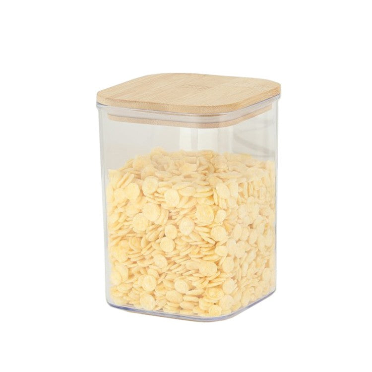 Cutie De Depozitare Alimente, Cutie De Tip Container, Cutie Pentru Cereale, Din Plastic, Capac Din Bambuc, 10 X 10 X 14 Cm, Volum 0.8 L, Transparent - vivimall.ro