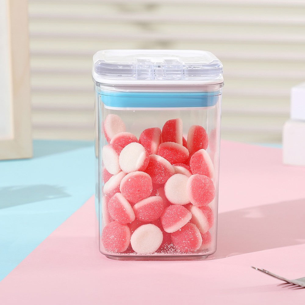 Cutie De Depozitare Alimente, Tip Container, 0.8L, 10X10X15.5 Cm, Recipiente Pentru Cereale In Bucatarie, Transparente Cu Capac Alb-Albastru - vivimall.ro