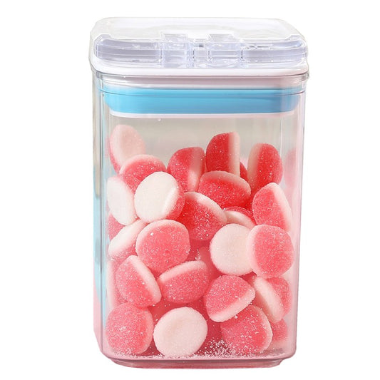 Cutie de Depozitare Alimente, Vivimall, tip Container, 0.8L, 10x10x15.5 cm, Recipiente pentru Cereale in Bucatarie,  Transparente cu Capac Alb-Albastru - vivimall.ro