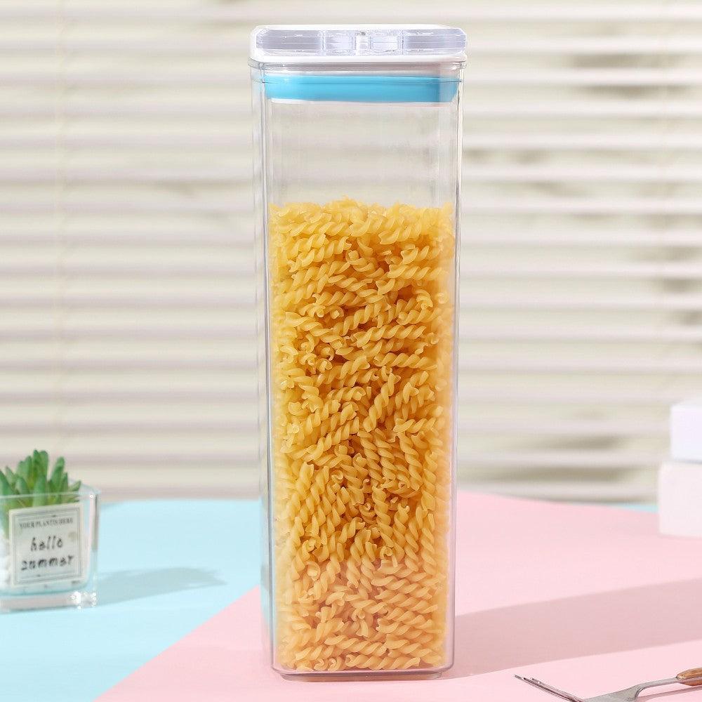 Cutie De Depozitare Alimente, Tip Container, 1.9L, 10X10X30.5 Cm, Recipiente Pentru Cereale In Bucatarie, Transparente Cu Capac Alb-Albastru - vivimall.ro