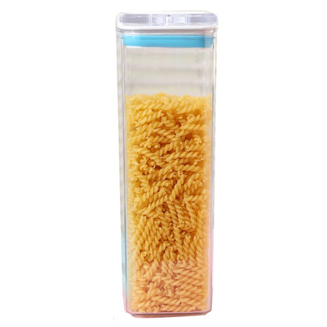 Cutie De Depozitare Alimente, Tip Container, 1.9L, 10X10X30.5 Cm, Recipiente Pentru Cereale In Bucatarie, Transparente Cu Capac Alb-Albastru - vivimall.ro