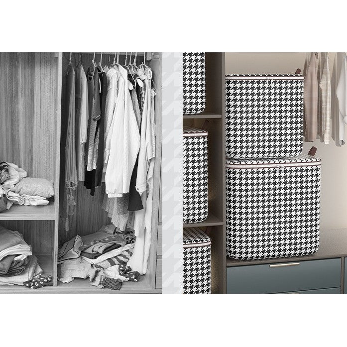 Cutie de Depozitare cu Fermoar, Flippy, Pliabila, Maner Ranforsat, Fermoar Rezistent, pentru Haine, Paturi, Plapumi, Perne, Lenjerii de Pat, Jucarii, 80 Litri, in Carouri, Alb-Negru