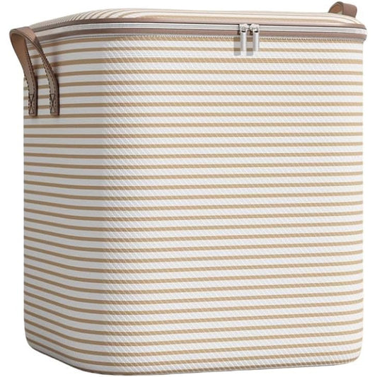 Cutie de Depozitare cu Fermoar, Flippy, Pliabila, Maner Ranforsat, Fermoar Rezistent, pentru Haine, Paturi, Plapume, Perne, Lenjerii de Pat, Jucarii, 50x40x50 cm, 100 Litri, in Dungi, Bej