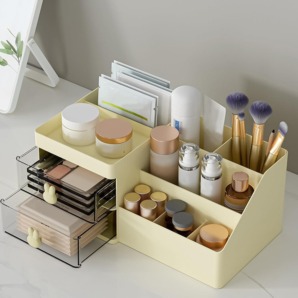 Cutie De Depozitare Pentru Birou, Pentru Makeup, Papetarie, Organizator Cosmetice, 2 Sertare Si Compartimente Multiple, Plastic, Crem - vivimall.ro