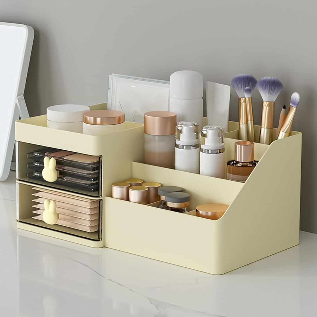 Cutie De Depozitare Pentru Birou, Pentru Makeup, Papetarie, Organizator Cosmetice, 2 Sertare Si Compartimente Multiple, Plastic, Crem - vivimall.ro