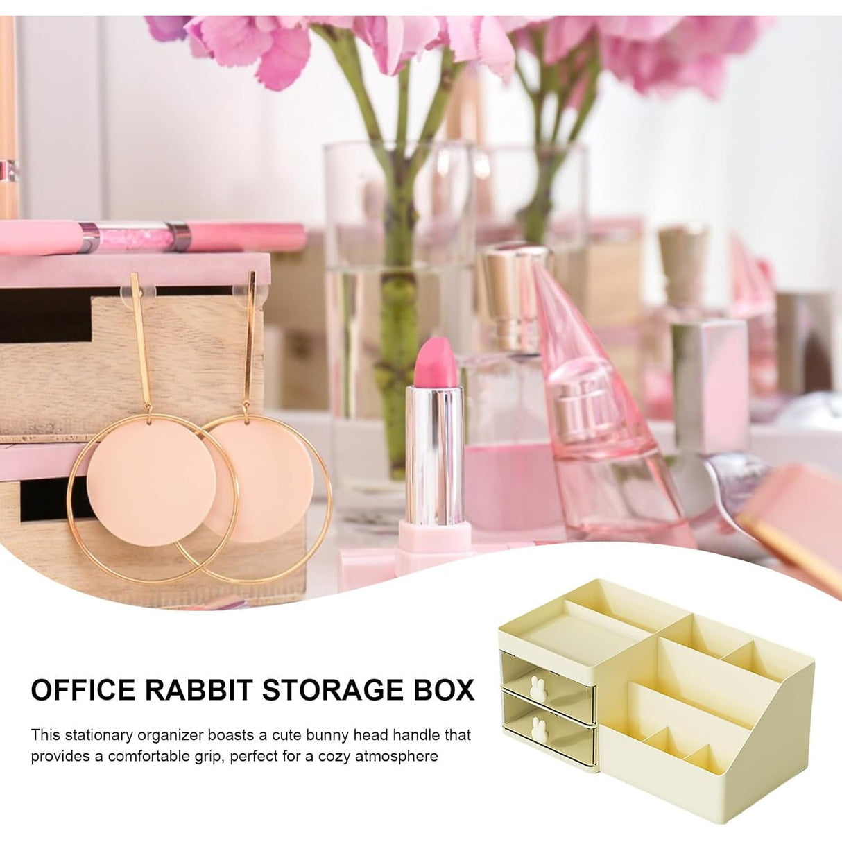 Cutie De Depozitare Pentru Birou, Pentru Makeup, Papetarie, Organizator Cosmetice, 2 Sertare Si Compartimente Multiple, Plastic, Crem - vivimall.ro