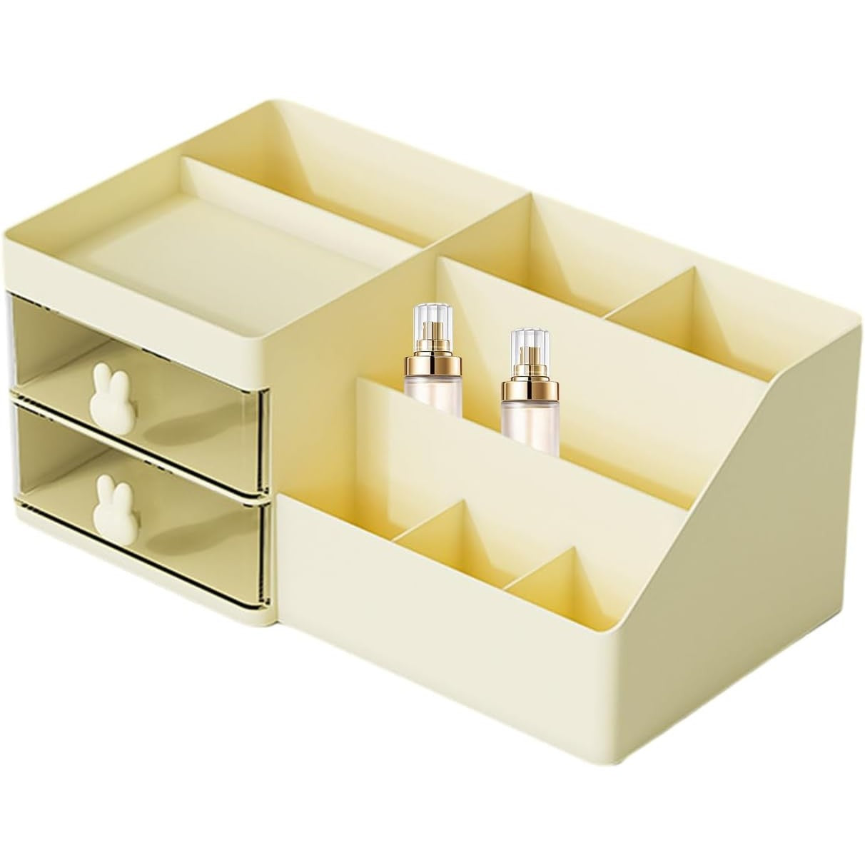 Cutie De Depozitare Pentru Birou, Pentru Makeup, Papetarie, Organizator Cosmetice, 2 Sertare Si Compartimente Multiple, Plastic, Crem - vivimall.ro