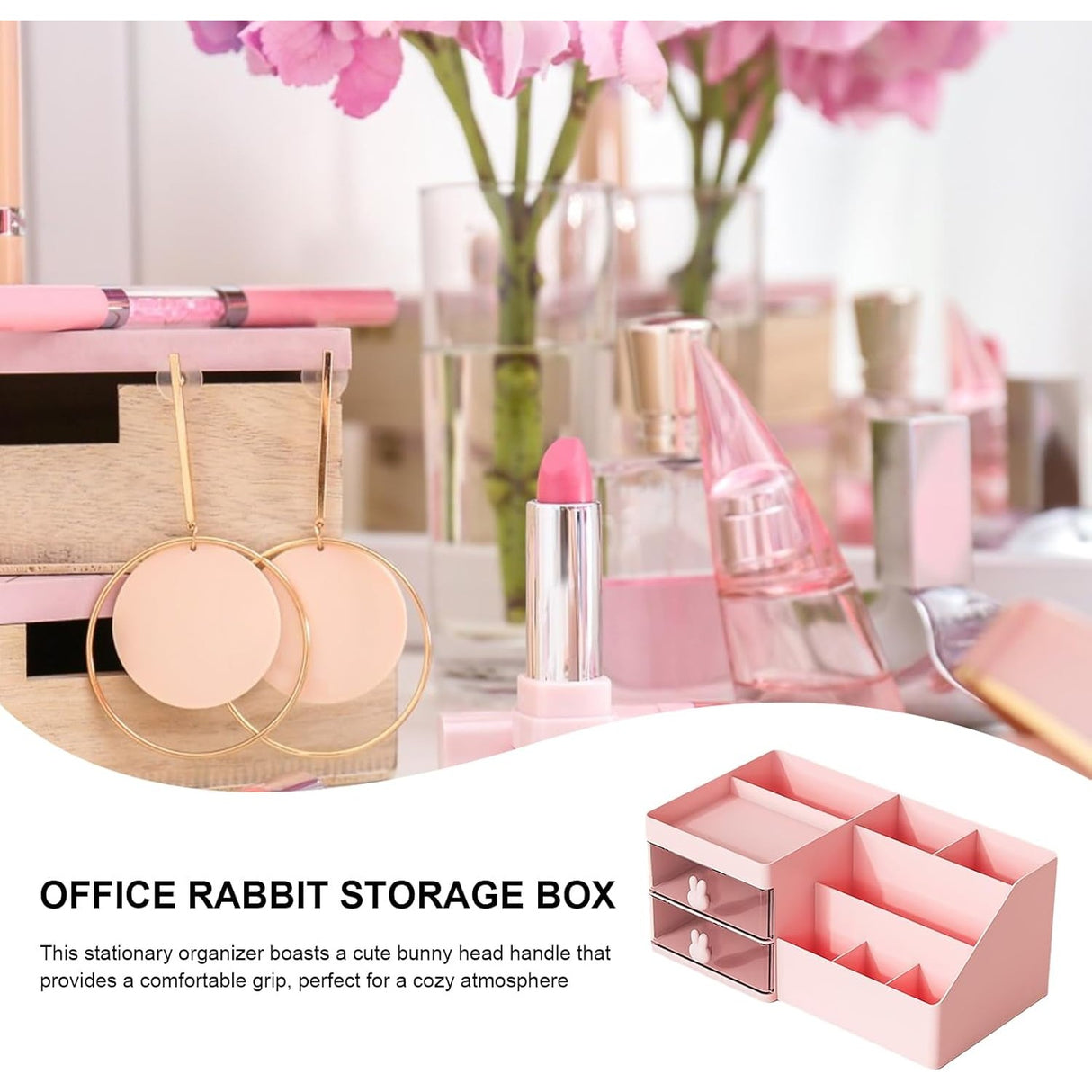 Cutie de Depozitare pentru Birou, Vivimall, Pentru Makeup, Papetarie, Organizator Cosmetice, 2 Sertare si Compartimente Multiple, Model Iepuras, Plastic, 27.5x15.5x12 cm, Roz - vivimall.ro