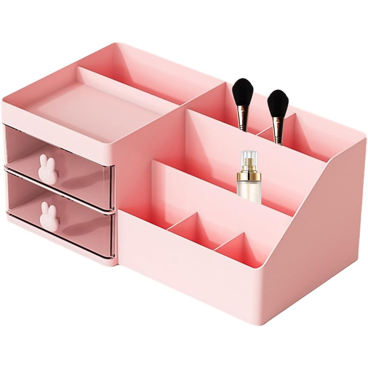 Cutie de Depozitare pentru Birou, Vivimall, Pentru Makeup, Papetarie, Organizator Cosmetice, 2 Sertare si Compartimente Multiple, Model Iepuras, Plastic, 27.5x15.5x12 cm, Roz - vivimall.ro