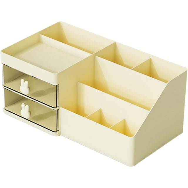 Cutie De Depozitare Pentru Birou, Pentru Makeup, Papetarie, Organizator Cosmetice, 2 Sertare Si Compartimente Multiple, Plastic, Crem - vivimall.ro