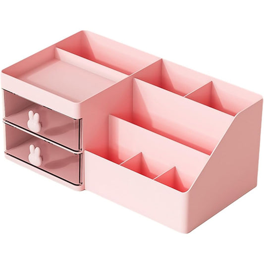 Cutie de Depozitare pentru Birou, Flippy, Pentru Makeup, Papetarie, Organizator Cosmetice, 2 Sertare si Compartimente Multiple, Model Iepuras, Plastic, 27.5x15.5x12 cm, Roz