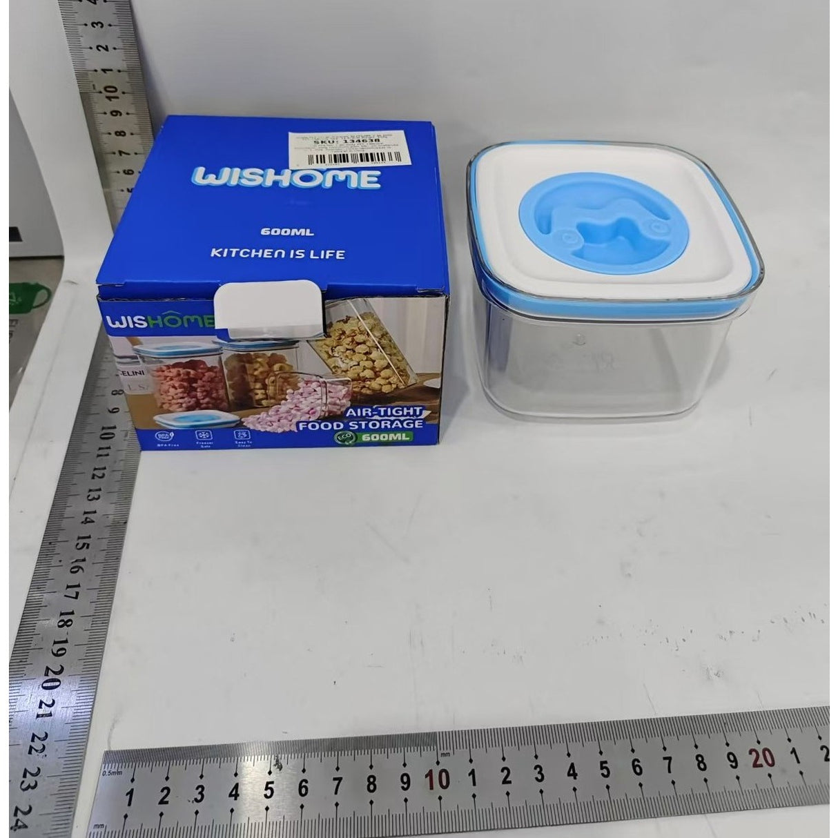 Cutie de Depozitare pentru Bucatarie, Vivimall, 600 ml, din ABS+PET+Silicon, Capac Alb/Albastru, 11.5 x 8 x 8 cm, Transparent - vivimall.ro