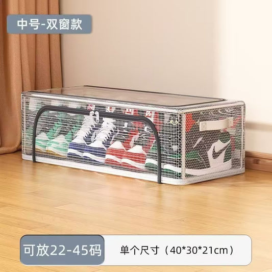 Cutie de Depozitare pentru Pantofi, Flippy, 40x30x21 cm, din Plasa PVC Impermeabila si Cadru de Otel, Pliabila, Fermoar Bidirectional, Transparenta