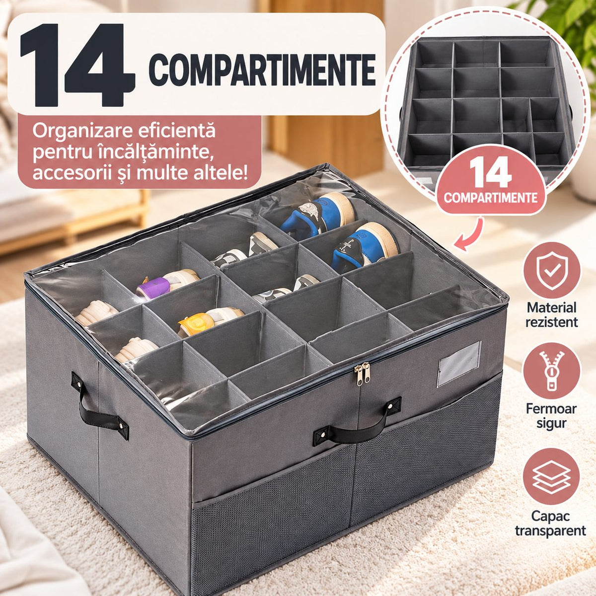 Cutie de Depozitare pentru Pantofi, Flippy, 14 Compartimente, cu Capac Transparent si Fermoar, din Panza Oxford, Pliabila, 53x42x33 cm, Gri