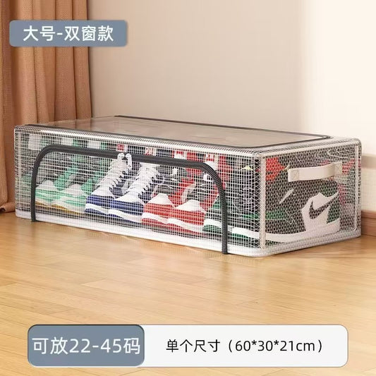 Cutie de Depozitare pentru Pantofi, Flippy, 60*30*21CM , din Plasa PVC Impermeabila si Cadru de Otel, Pliabila, Fermoar Bidirectional, Transparenta