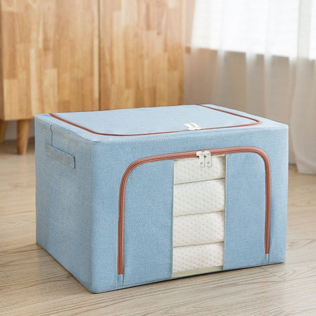 Cutie De Depozitare Pliabila, 100 L, Din Bumbac Si In, 2 Ferestre, Frontala Si Laterala, 2 Usi De Acces Cu Fermoar Bidirectional, Cadru Metalic, Suport Baza Stabil Din Plastic, Bleu - vivimall.ro