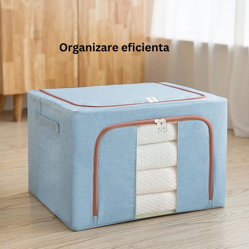 Cutie De Depozitare Pliabila, 100 L, Din Bumbac Si In, 2 Ferestre, Frontala Si Laterala, 2 Usi De Acces Cu Fermoar Bidirectional, Cadru Metalic, Suport Baza Stabil Din Plastic, Bleu - vivimall.ro