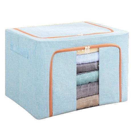 Cutie De Depozitare Pliabila, 100 L, Din Bumbac Si In, 2 Ferestre, Frontala Si Laterala, 2 Usi De Acces Cu Fermoar Bidirectional, Cadru Metalic, Suport Baza Stabil Din Plastic, Bleu - vivimall.ro