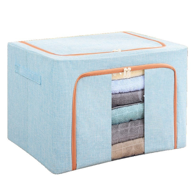 Cutie De Depozitare Pliabila, 100 L, Din Bumbac Si In, 2 Ferestre, Frontala Si Laterala, 2 Usi De Acces Cu Fermoar Bidirectional, Cadru Metalic, Suport Baza Stabil Din Plastic, Bleu - vivimall.ro