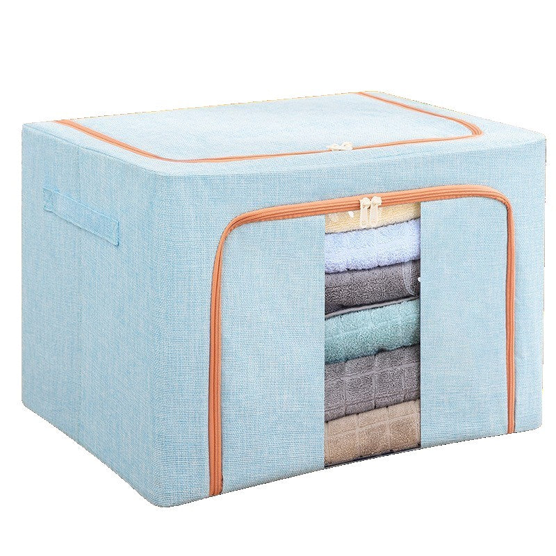 Cutie de Depozitare Pliabila, Vivimall, 100 L, din Bumbac si In, 60x42x40 cm, 2 Ferestre, Frontala si Laterala, 2 Usi de Acces cu Fermoar Bidirectional, Cadru Metalic, Suport Baza Stabil din Plastic, Bleu - vivimall.ro
