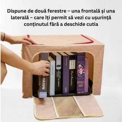 Cutie de Depozitare Pliabila, Vivimall, 100 L, din Bumbac si In, 60x42x40 cm, Fereastra Frontala, 2 Usi de Acces cu Fermoar Bidirectional, Cadru Metalic, Suport Baza Stabil din Plastic, Roz Pudrat - vivimall.ro