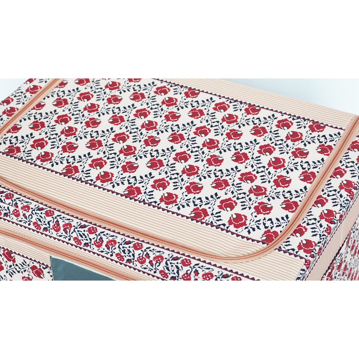 Cutie De Depozitare Pliabila,100 L Din Bumbac Si In, Fereastra Frontala, 2 Usi De Acces Cu Fermoar Bidirectional, Cadru Metalic, Suport Baza Stabil Din Plastic, Motiv Traditional