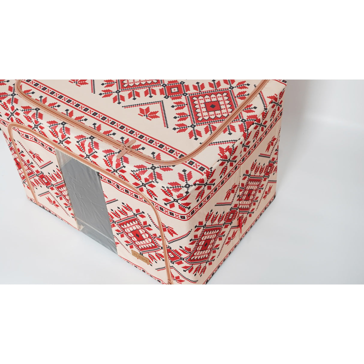 Cutie De Depozitare Pliabila,100 L Din Bumbac Si In, Fereastra Frontala, 2 Usi De Acces Cu Fermoar Bidirectional, Cadru Metalic, Suport Baza Stabil Din Plastic, Motiv Traditional - vivimall.ro
