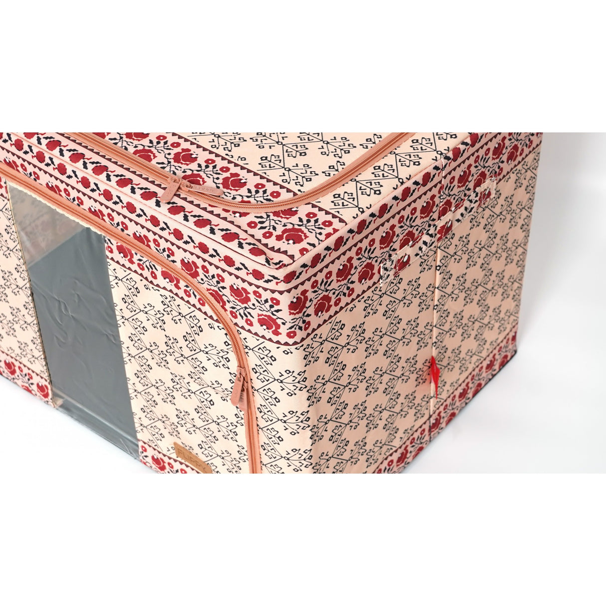 Cutie De Depozitare Pliabila,100 L Din Bumbac Si In, Fereastra Frontala, 2 Usi De Acces Cu Fermoar Bidirectional, Cadru Metalic, Suport Baza Stabil Din Plastic, Motiv Traditional - vivimall.ro