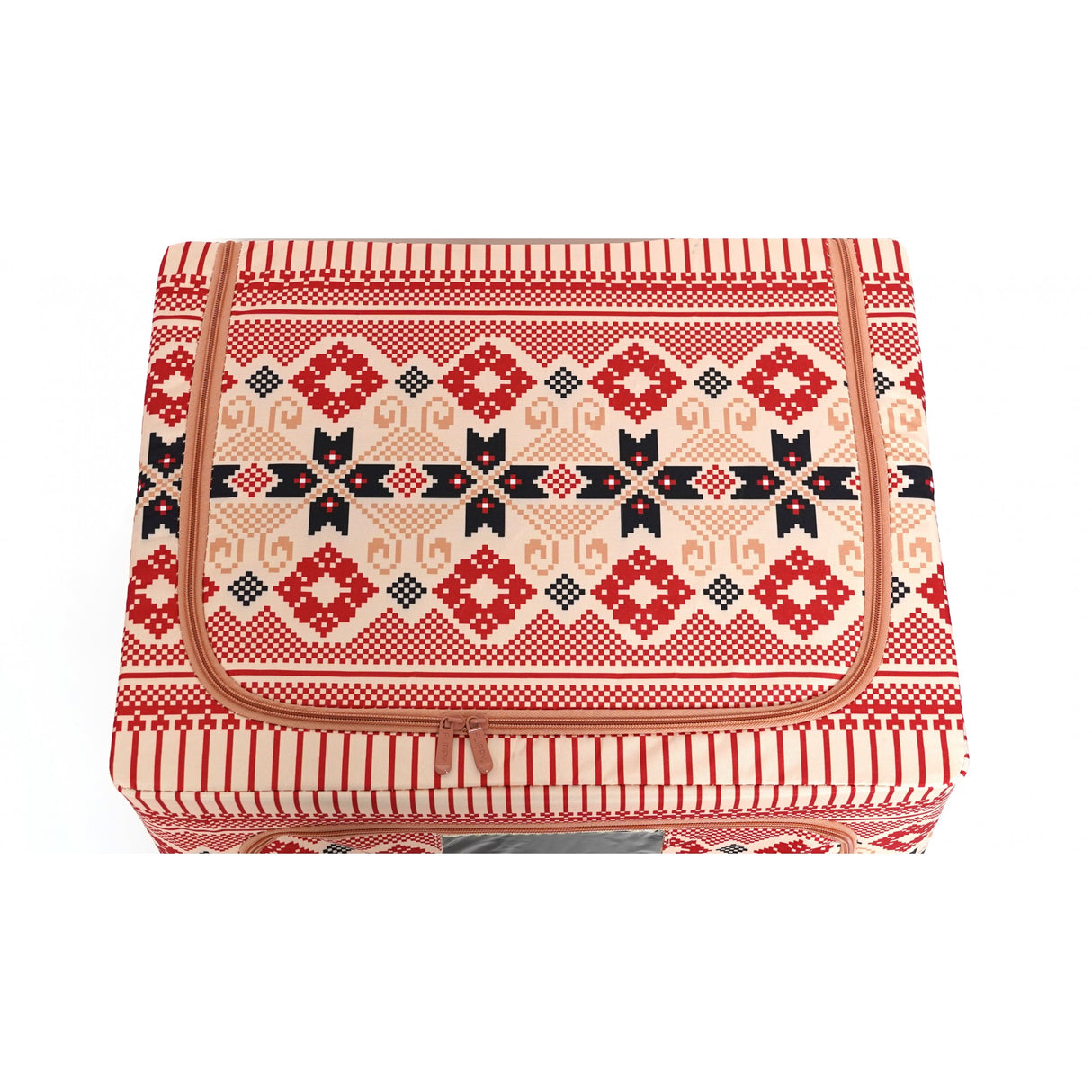 Cutie De Depozitare Pliabila,100 L Din Bumbac Si In, Fereastra Frontala, 2 Usi De Acces Cu Fermoar Bidirectional, Cadru Metalic, Suport Baza Stabil Din Plastic, Motiv Traditional - vivimall.ro