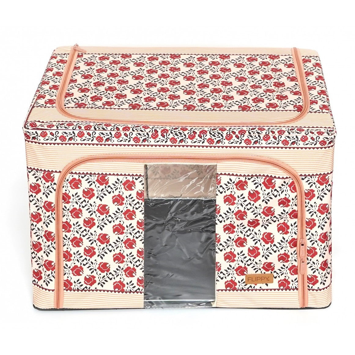 Cutie De Depozitare Pliabila,100 L Din Bumbac Si In, Fereastra Frontala, 2 Usi De Acces Cu Fermoar Bidirectional, Cadru Metalic, Suport Baza Stabil Din Plastic, Motiv Traditional