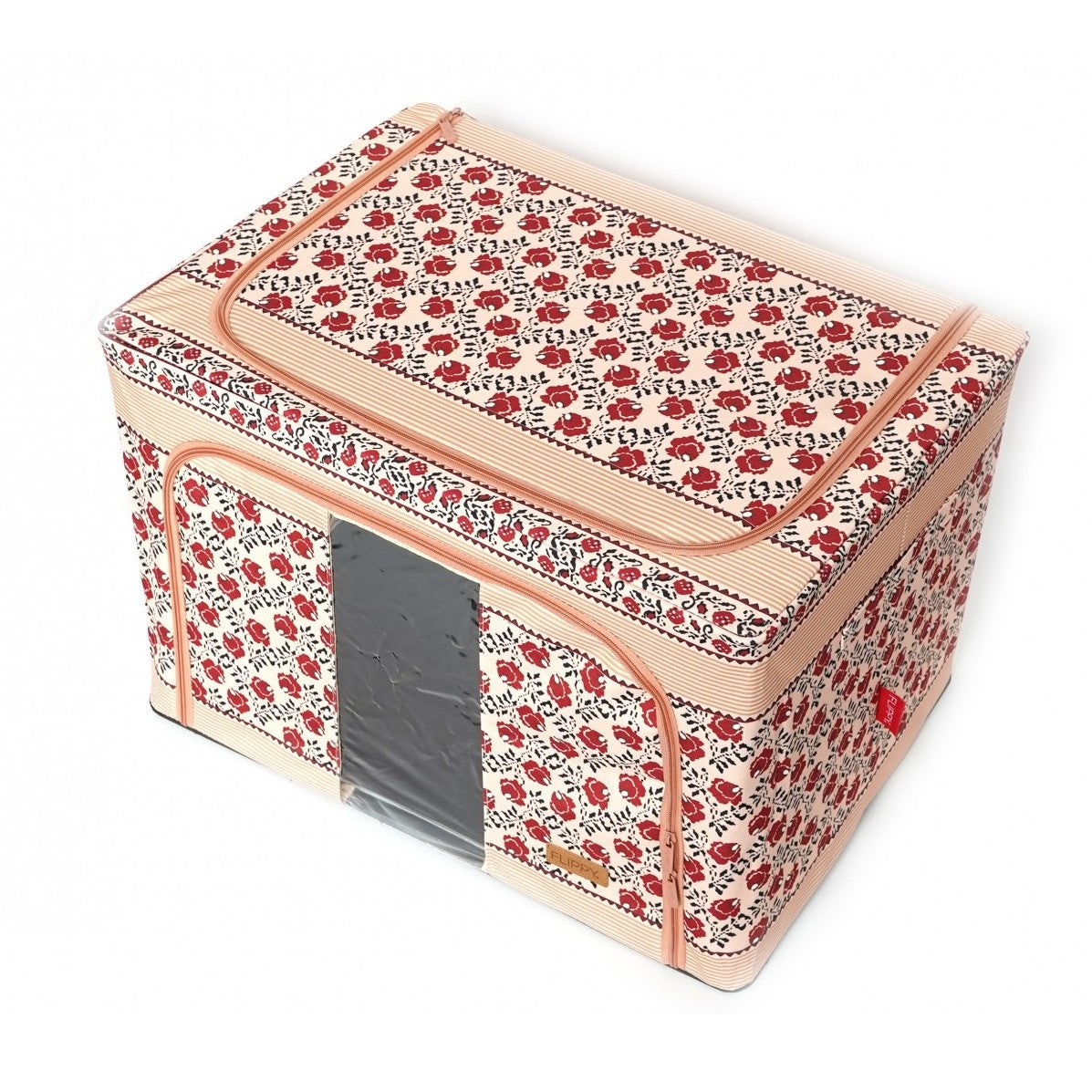 Cutie De Depozitare Pliabila,100 L Din Bumbac Si In, Fereastra Frontala, 2 Usi De Acces Cu Fermoar Bidirectional, Cadru Metalic, Suport Baza Stabil Din Plastic, Motiv Traditional