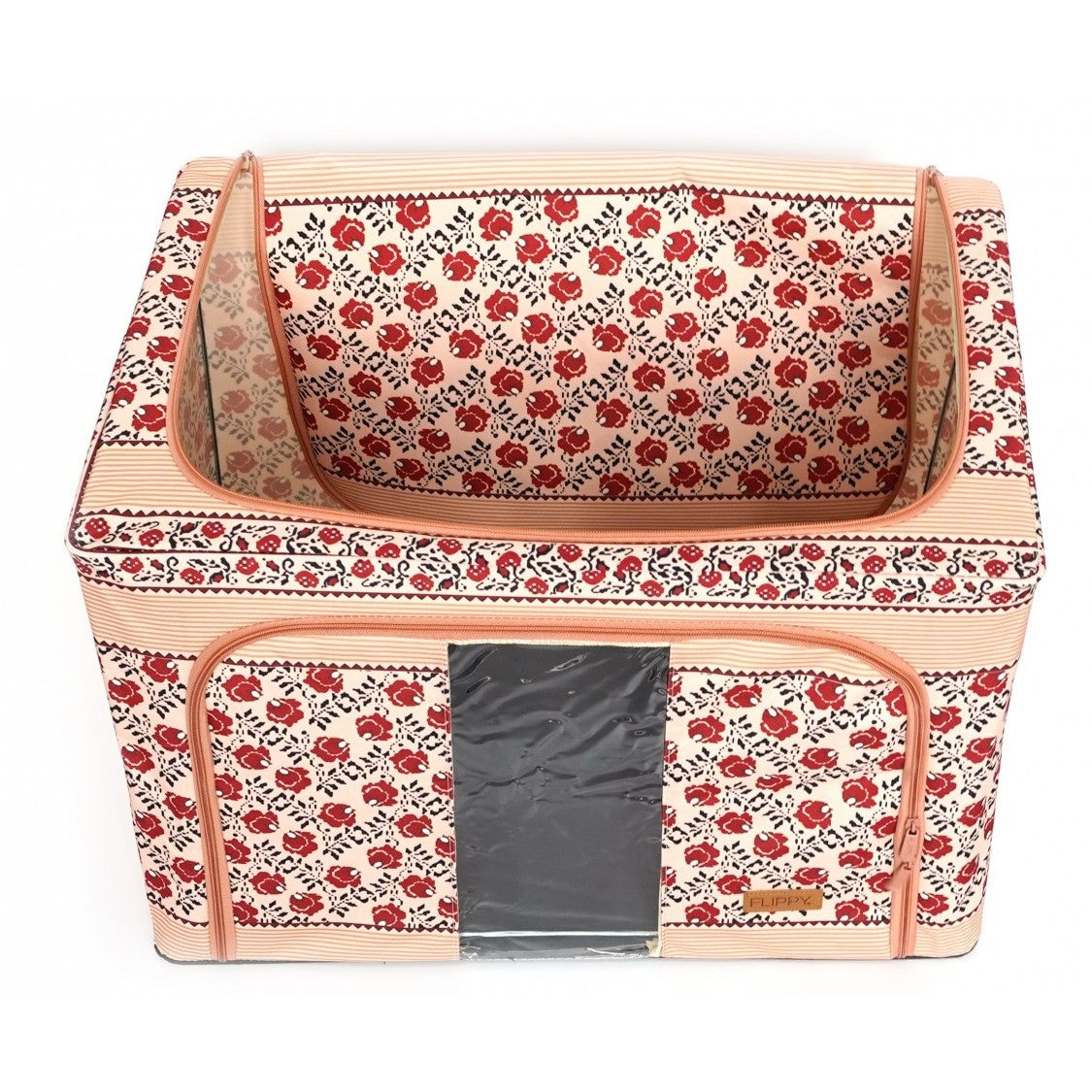 Cutie De Depozitare Pliabila,100 L Din Bumbac Si In, Fereastra Frontala, 2 Usi De Acces Cu Fermoar Bidirectional, Cadru Metalic, Suport Baza Stabil Din Plastic, Motiv Traditional