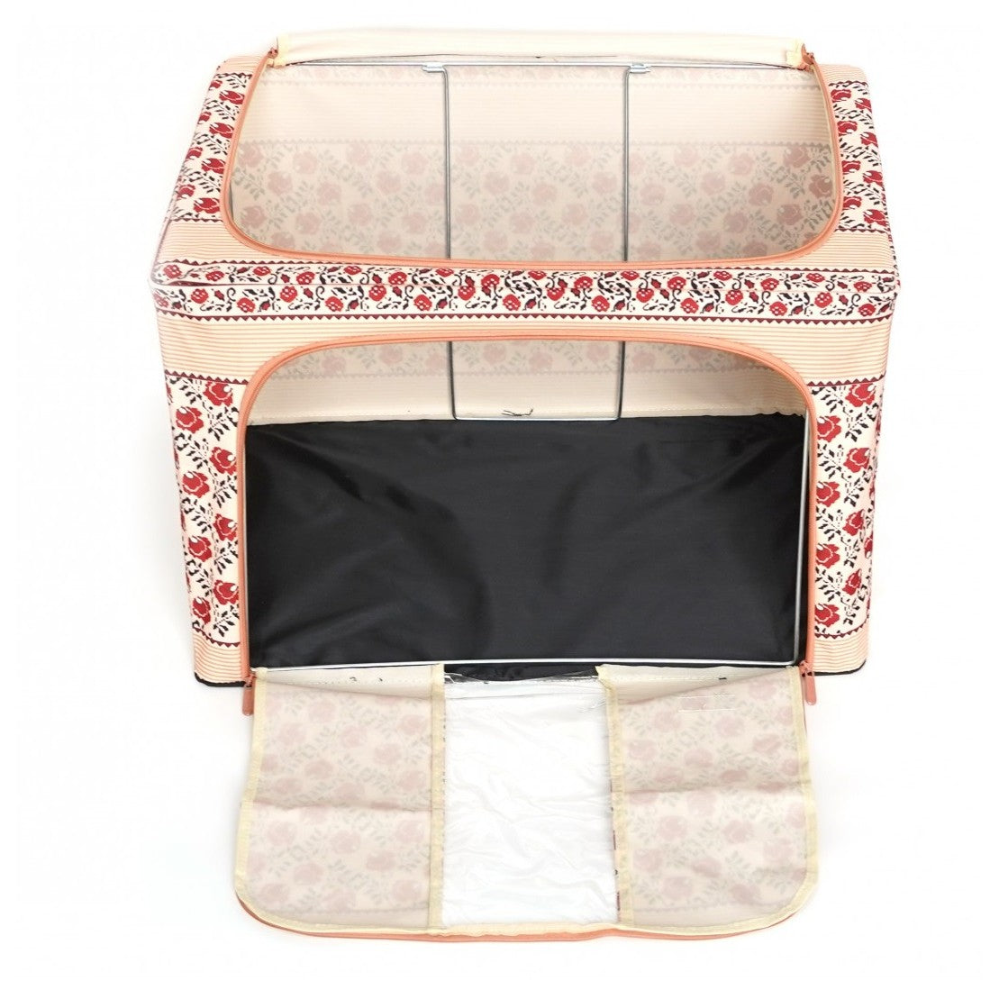 Cutie De Depozitare Pliabila,100 L Din Bumbac Si In, Fereastra Frontala, 2 Usi De Acces Cu Fermoar Bidirectional, Cadru Metalic, Suport Baza Stabil Din Plastic, Motiv Traditional