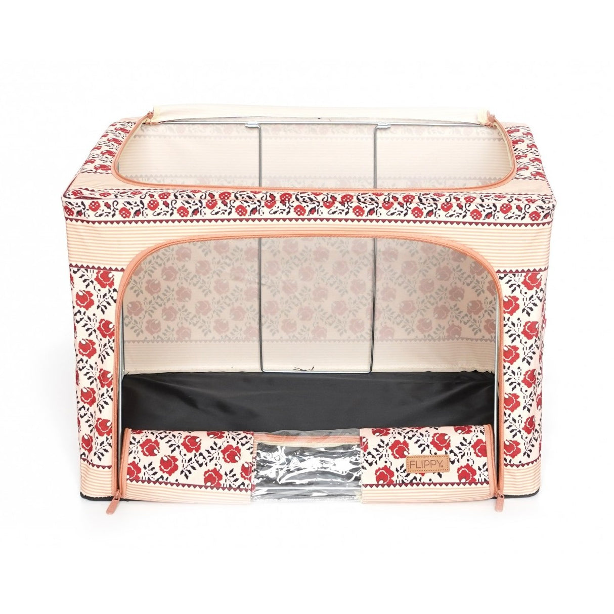 Cutie De Depozitare Pliabila,100 L Din Bumbac Si In, Fereastra Frontala, 2 Usi De Acces Cu Fermoar Bidirectional, Cadru Metalic, Suport Baza Stabil Din Plastic, Motiv Traditional