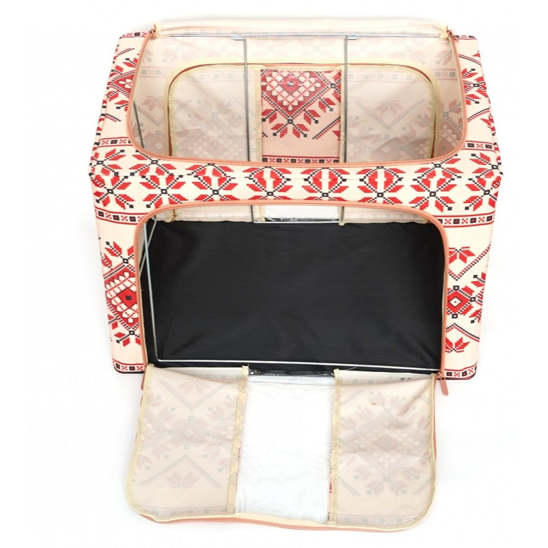 Cutie De Depozitare Pliabila,100 L Din Bumbac Si In, Fereastra Frontala, 2 Usi De Acces Cu Fermoar Bidirectional, Cadru Metalic, Suport Baza Stabil Din Plastic, Motiv Traditional - vivimall.ro